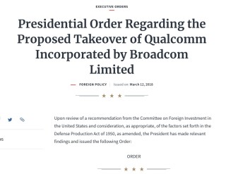特朗普签署总统法令禁止 Broadcom 收购 Qualcomm