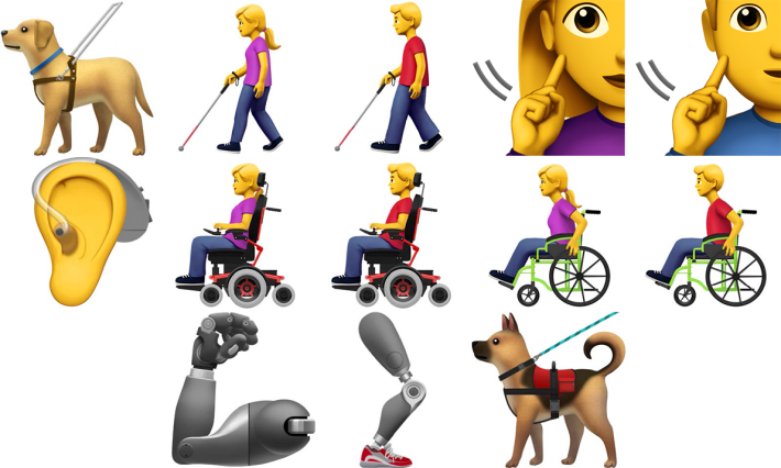提案中的 13 个有关残障人士的表情图像，涵盖视障、听障、肢体障碍及隐性残障 4 大范畴。