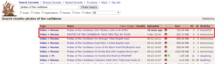 疑似是未上画的《加勒比海盗：恶灵启航》蓝光版在网上流传让人下载