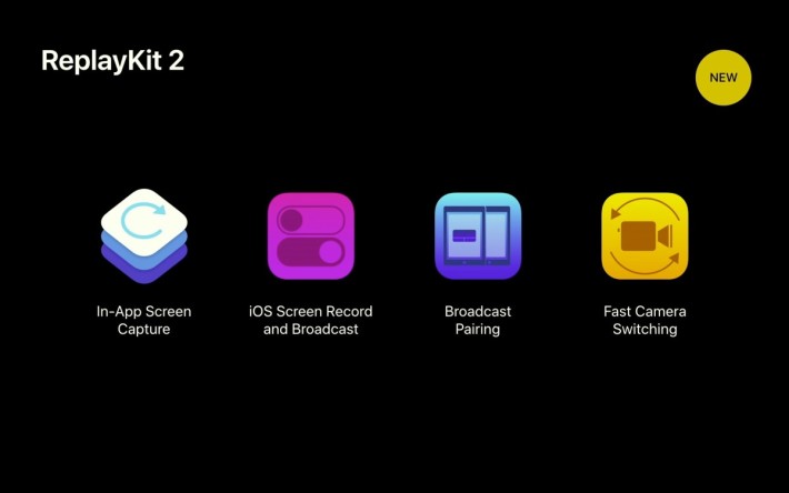 ReplayKits 2 包含四大范畴，包括“ In-App Screen Capture ”、“ iOS Screen Record & Broadcast ”、“ Broadcast Pairing ”和“ Fast Camera Switching ”。