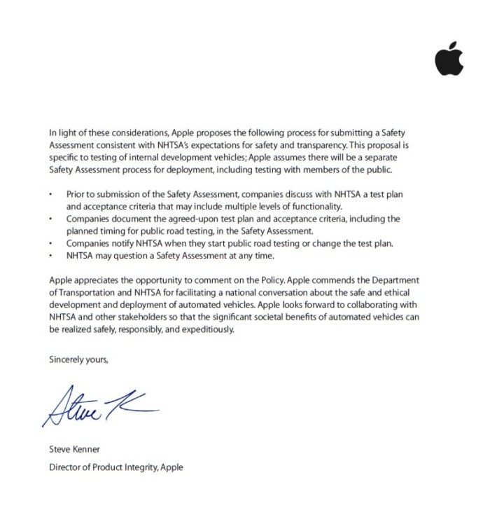 产品整合总监 Steve Kenner 代表苹果向美国国家公路交通安全管理局发出信件。