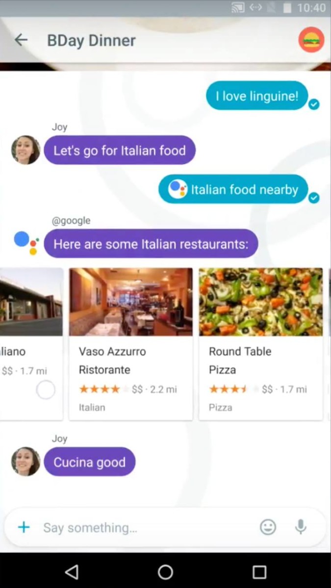 键入“@google”同女Google 机器人倾计时，可以进行餐厅搜寻。