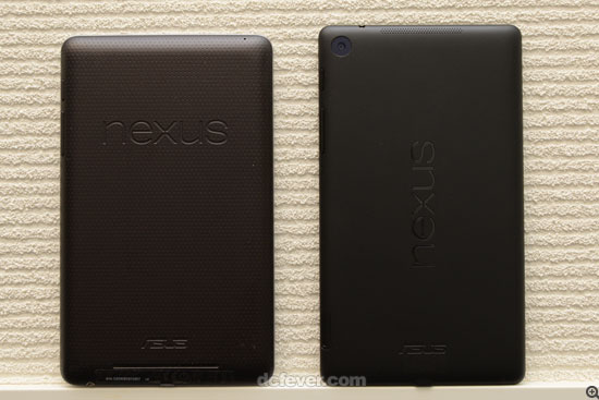 Nexus 7 二代则垂直加入较大的 Nexus 字样，与一代圆点纹设计同样能减低滑手的机会 (左为一代、加为二代)