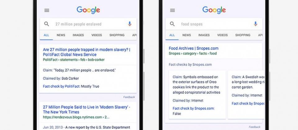 在Google搜寻的结果页可看到Fact Check的标签,并说明由谁进行查证。