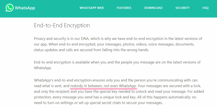 WhatsApp 在官网表明会进行端对端加密，连 WhatsApp 都不会知道讯息内容。