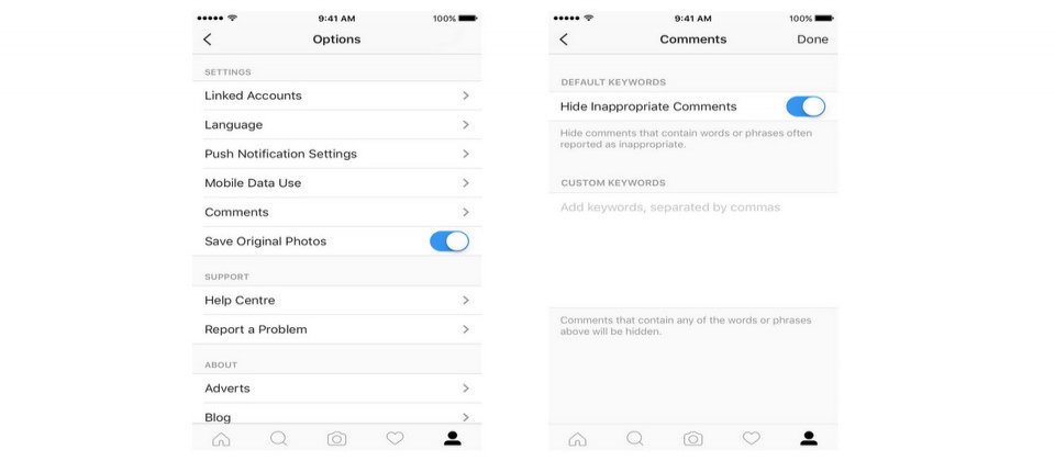 Instagram可在个人档案页面上点右上角的齿轮图示,找到留言工具(Comments Tool),设定想要封锁的不当留言用词。