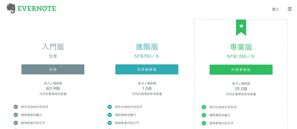 Evernote宣布调整收费,但国内服务仍维持不变,进阶版一年收费750元,专业版一年1350元。