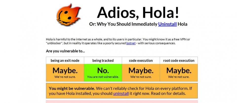 9名资安研究人员组成的临时团队建立了“Adios, Hola!”网站呼吁使用者立即移除这个程式。
