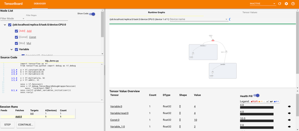 TensorFlow 1.7版包含“除错仪表板”新功能,让使用者可以:1. 暂停或继续执行特定节点或几个步骤的工作;2. 显示某段时间的张量质;3. 连接张量与Python中特定的几行程式码
