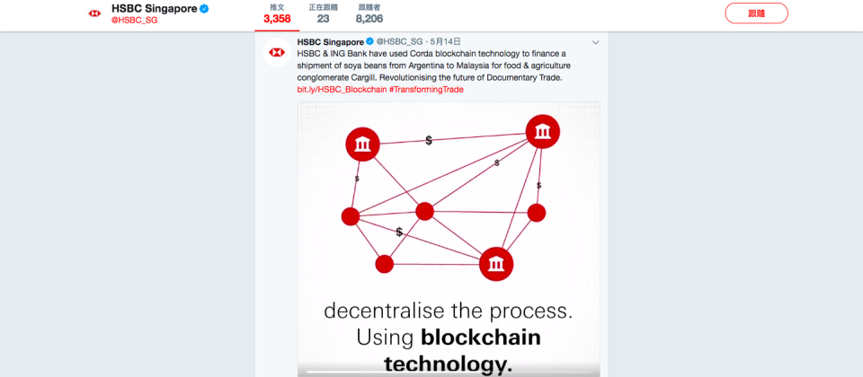 HSBC与ING银行合作,完成全球第一笔透过区块链平台所执行的贸易。