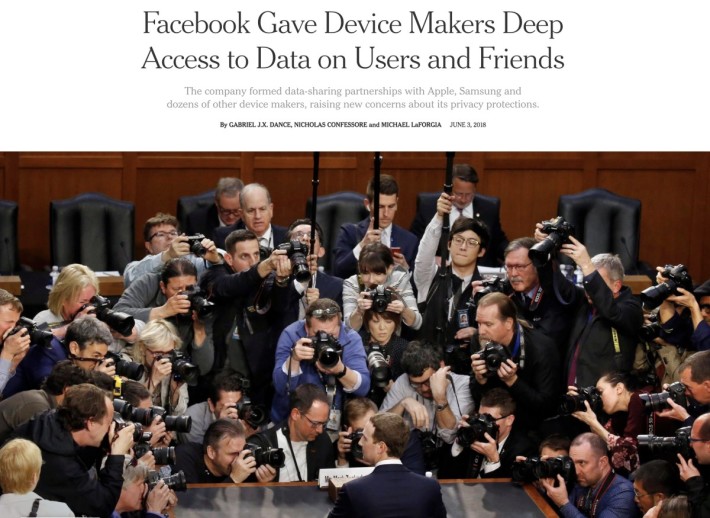 纽约时报报道 Facebook 让超过 60 间手机生产商可以在没有用户明确同意下，存取 Facebook 用户及朋友的资料。