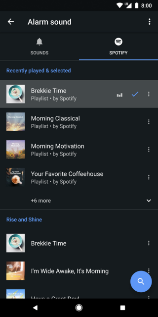 Android Clock 的响闹设定中，多了 Spotify 一页，免费用户都可以用。
