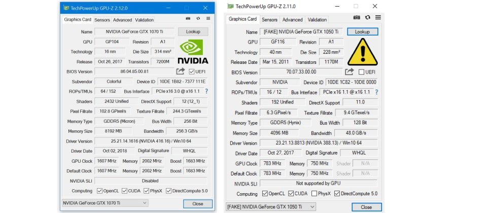 新版GPU-Z会侦测显卡的产品资讯,发现假冒显卡时会在检测栏上打上三角形的惊叹号。