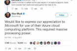 马斯克发推怒赞微软云服务 Azure拥有很棒的数据处理能力