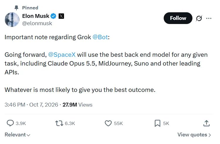 马斯克：Grok Bot将按任务选用最佳模型