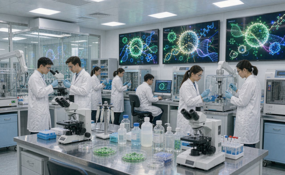 biohub_ai_lab.jpg 生物实验室中的科研人员与细胞AI可视化屏幕(AI生成示意图)