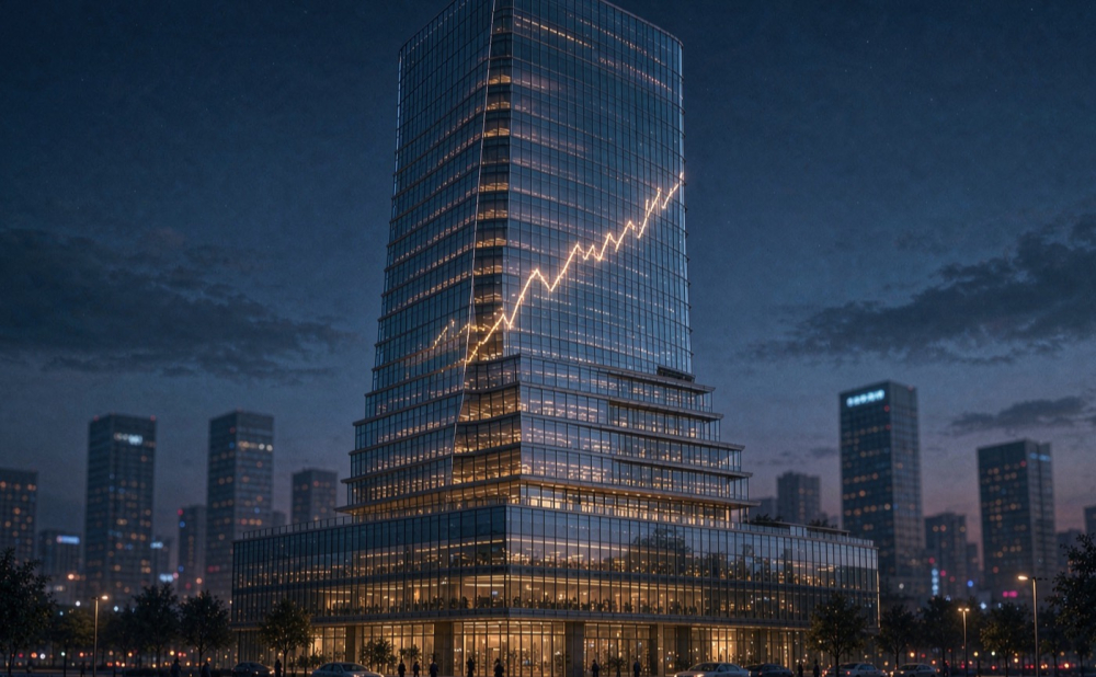 openai_revenue_tower.jpg 夜色中玻璃幕墙映出上升曲线的摩天大楼