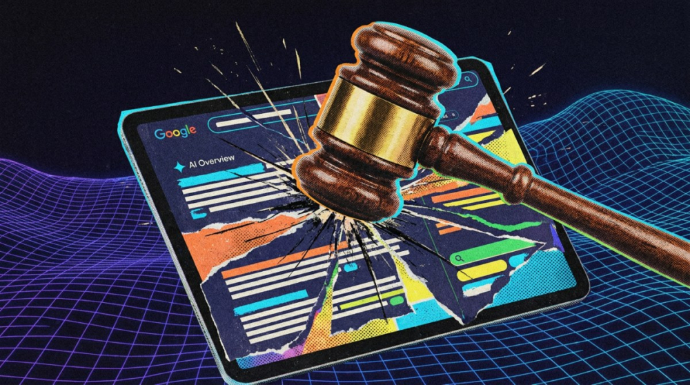 法槌砸向谷歌AI概览搜索页面示意图